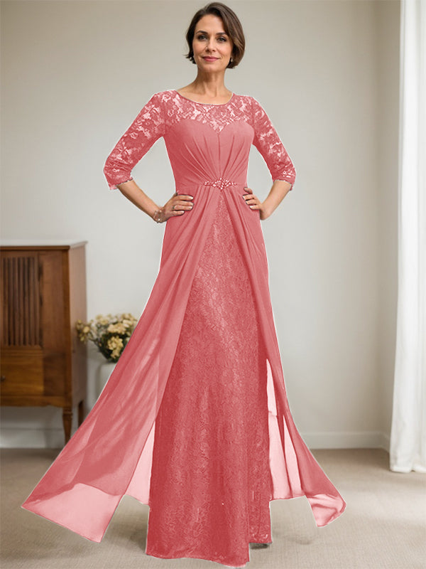 A-Line Scoop Neck Illusion Floor-Length Lace Chiffon Mother of the Bride Dress with Beaded Ruffles