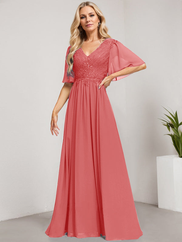 A-Line V-Neck Floor-Length Lace Chiffon Mother of the Bride Dress with Sequins