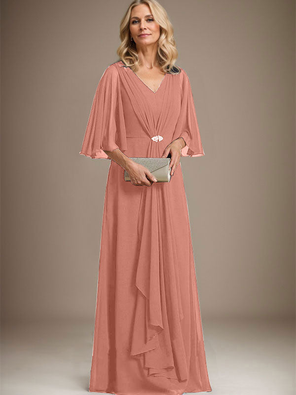 A-Line V-Neck Floor-Length Chiffon Mother of the Bride Dress with Cascading Ruffles and Crystal Brooch