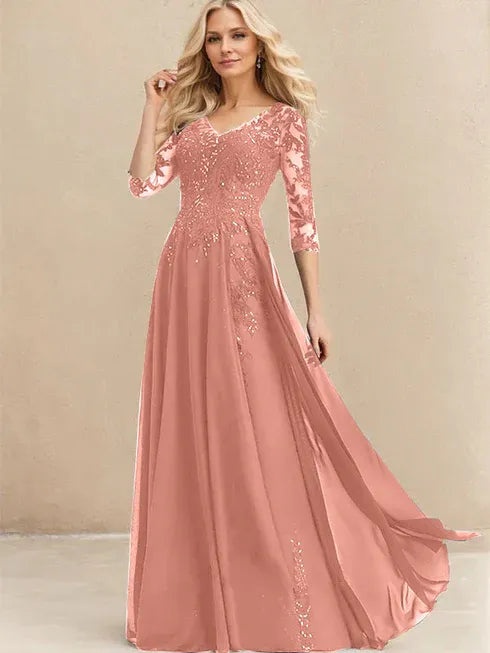 A-Line V-Neck Floor-Length Lace Chiffon Mother of the Bride Dress with Sequins