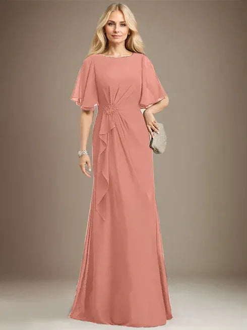 A-Line Scoop Floor-Length Chiffon Mother of the Bride Dress with Cascading Ruffles, Beading, and Sequins