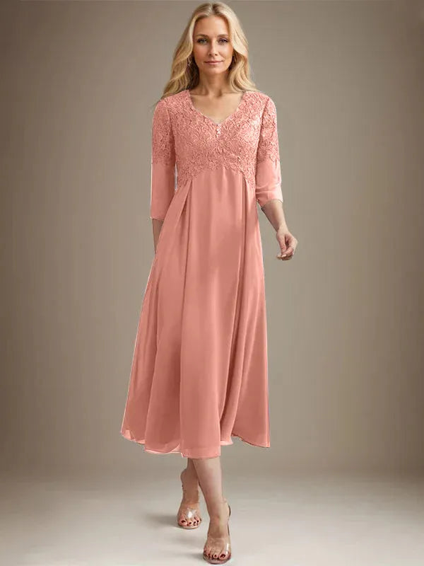 A-Line V-Neck Tea-Length Chiffon Lace Mother of the Bride Dress with Beading