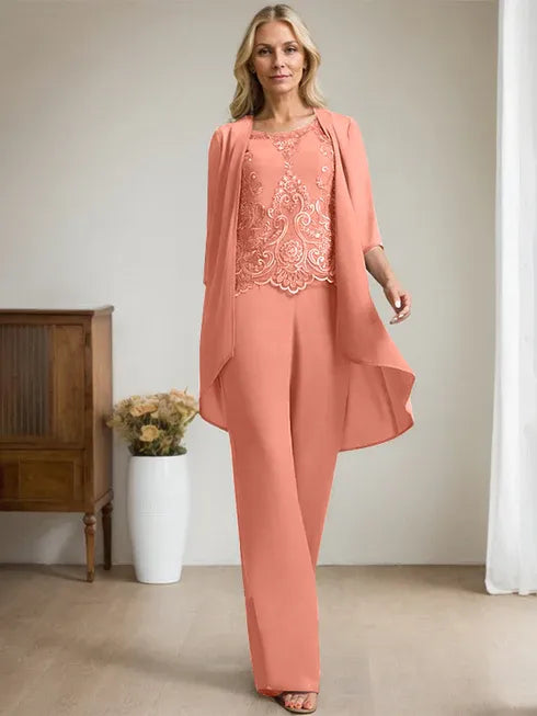 Floor-Length Chiffon Lace Mother of the Bride Jumpsuit/Pantsuit with Scoop Neck, Beading, and Sequins