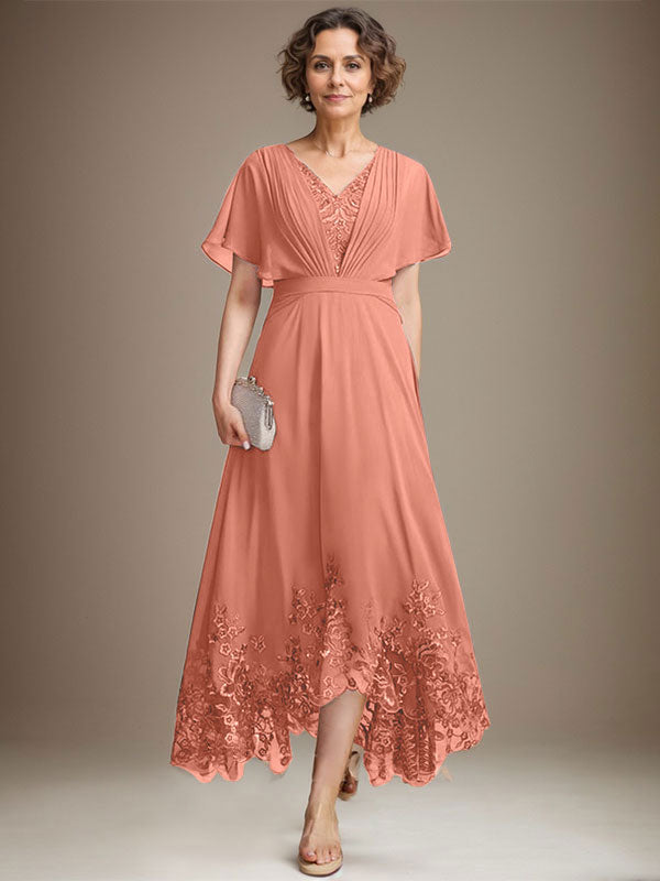 A-Line V-Neck Asymmetrical Lace Chiffon Mother of the Bride Dress with Pleats