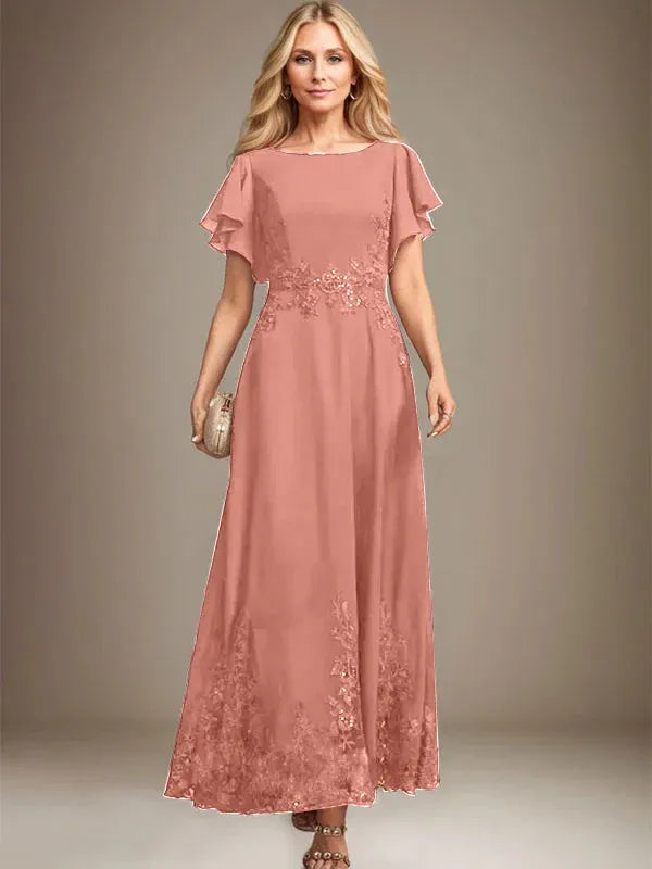 A-Line Scoop Neck Ankle-Length Lace and Chiffon Mother of the Bride Dress with Sequins