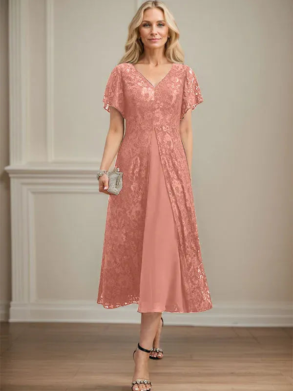 A-Line V-Neck Tea-Length Lace Chiffon Mother of the Bride Dress