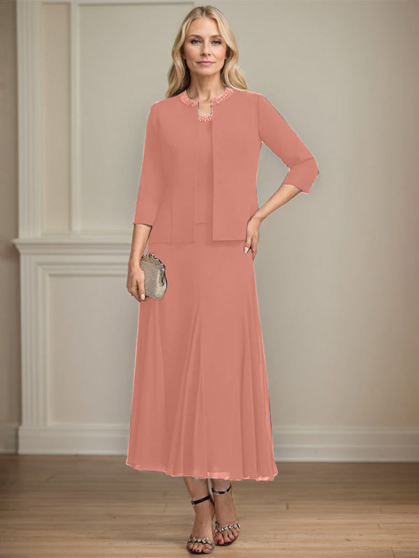 A-line Scoop Tea-Length Chiffon Mother of the Bride Dress with Sequins and Beading Separates
