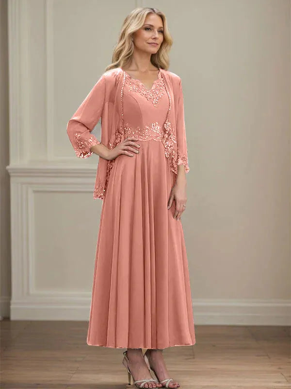 A-Line V-Neck Chiffon Mother of the Bride Dress with Sequins, Appliques, Lace, and Beading at Ankle Length