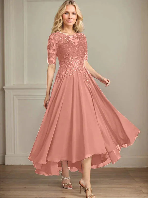 A-Line Scoop Neck Illusion Asymmetrical Chiffon and Lace Mother of the Bride Dress with Sequins