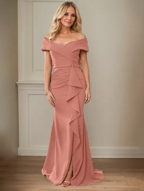 Floor-Length Lace and Chiffon Mother of the Bride Dress with Sheath/Column V-Neck Illusion and Pleated Sequins