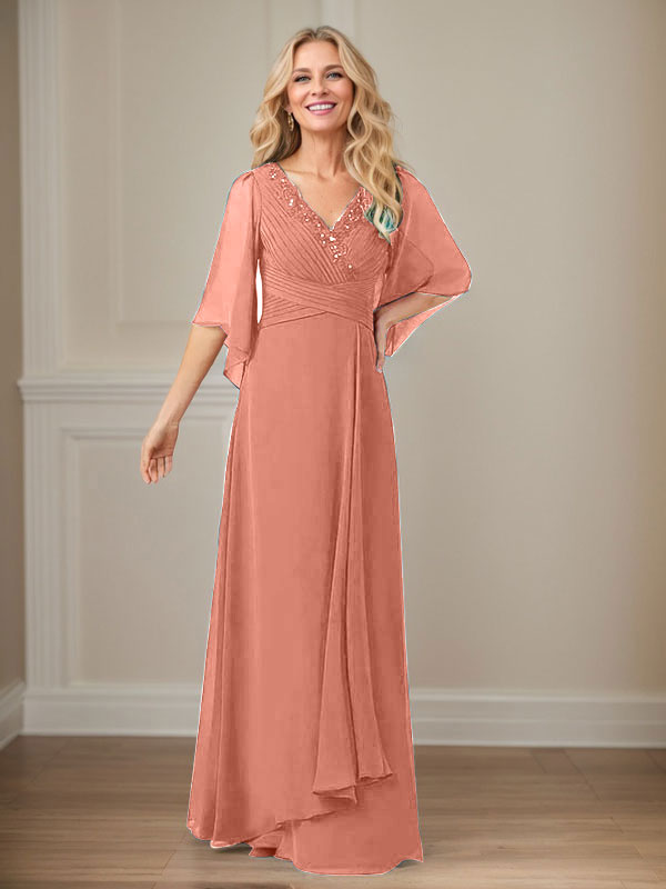 A-Line V-Neck Long Sequin Chiffon Mother of the Bride Dress