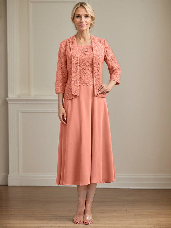 A-Line Scoop Neck Tea-Length Lace Chiffon Mother of the Bride Dress