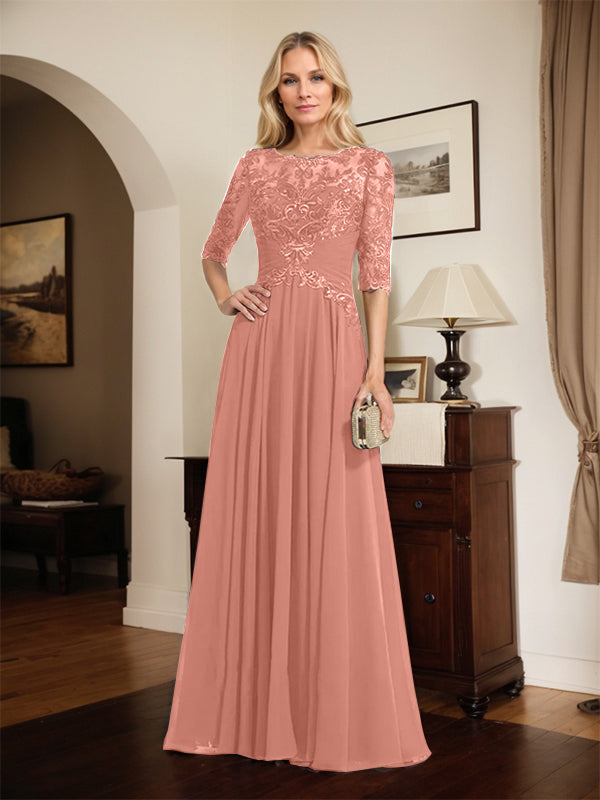 A-Line Scoop Neck Illusion Floor-Length Chiffon and Lace Mother of the Bride Dress with Pleated Sequins