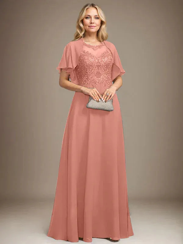 A-Line Scoop Neck Illusion Floor-Length Lace Chiffon Mother of the Bride Dress with Sequins