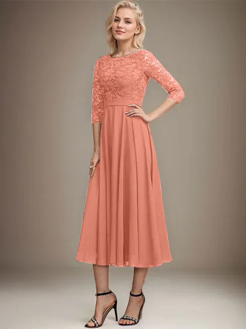 A-Line Scoop Neck Tea-Length Lace Chiffon Mother of the Bride Dress with Sequins