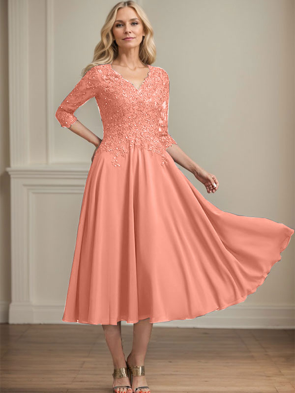 A-Line V-Neck Tea-Length Chiffon and Lace Mother of the Bride Dress with Beading and Sequins
