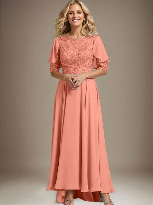 A-Line Scoop Neck Illusion Asymmetrical Chiffon and Lace Mother of the Bride Dress with Beading