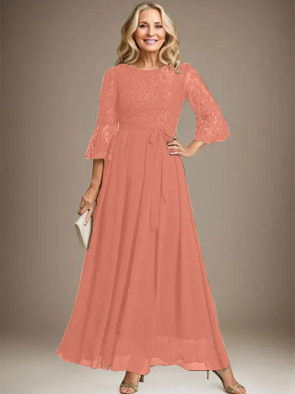 A-Line Scoop Neck Ankle-Length Lace Chiffon Mother of the Bride Dress with Bow