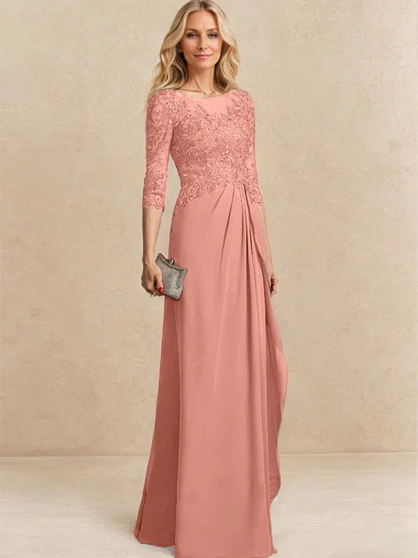A-Line Scoop Illusion Floor-Length Chiffon and Lace Mother of the Bride Dress with Beading, Sequins, and Cascading Ruffles