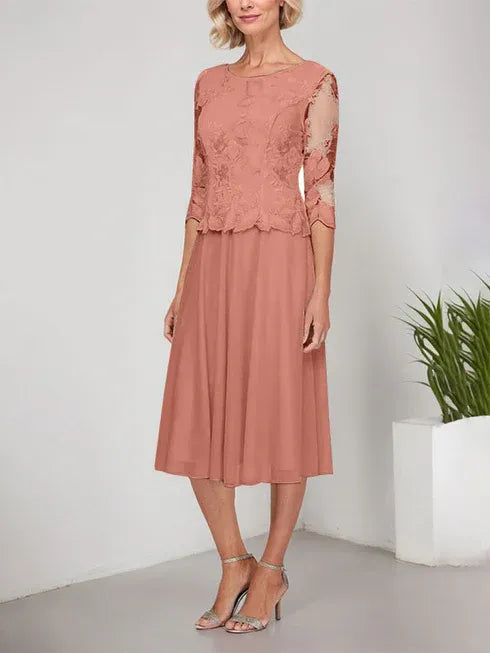 A-Line Scoop Neck Tea-Length Lace Chiffon Mother of the Bride Dress with Embroidery