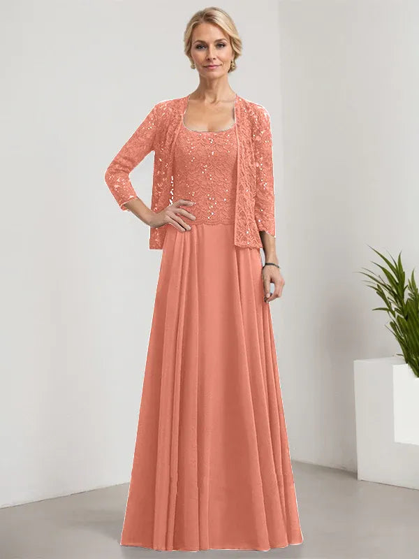 A-Line Square Neck Floor-Length Lace and Chiffon Mother of the Bride Dress with Sequins