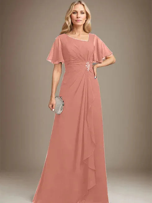 A-Line Asymmetrical Floor-Length Chiffon Mother of the Bride Dress with Pleated Beading and Sequins