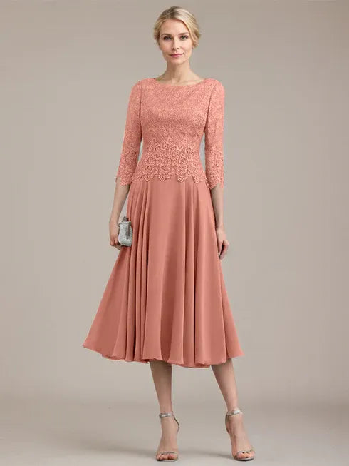 A-Line Scoop Neck Tea-Length Lace Chiffon Mother of the Bride Dress