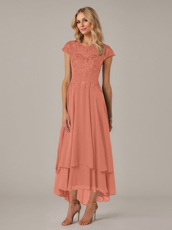 A-Line Boat Neck Illusion Asymmetrical Chiffon Lace Mother of the Bride Dress with Applique and Pleats
