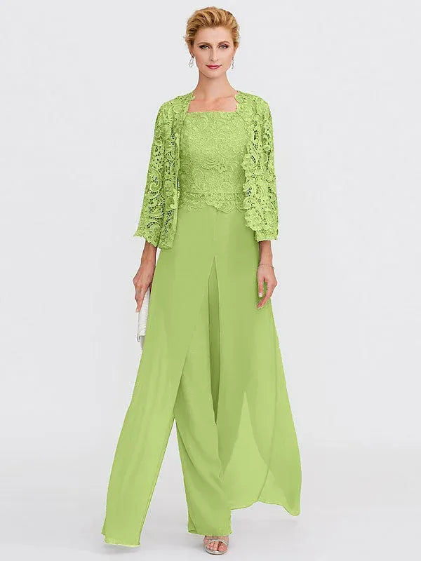 3-Piece Chiffon Square Neck Mother of the Bride Pantsuit Set with Jacket