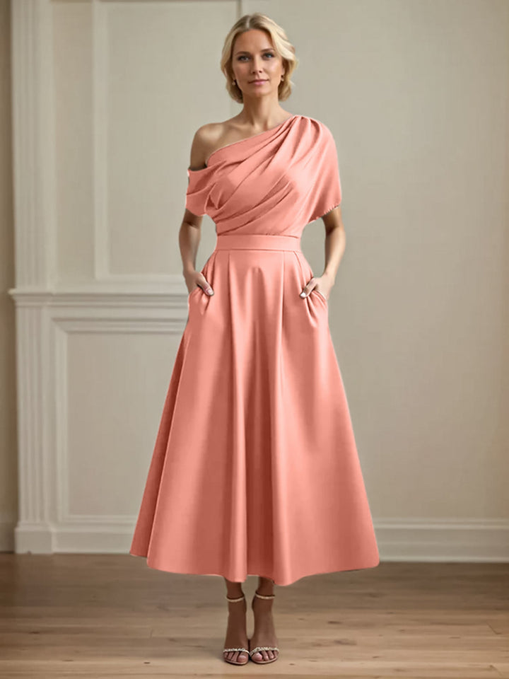One-Shoulder Satin A-Line Pleated Ankle-Length Mother of the Bride Dress