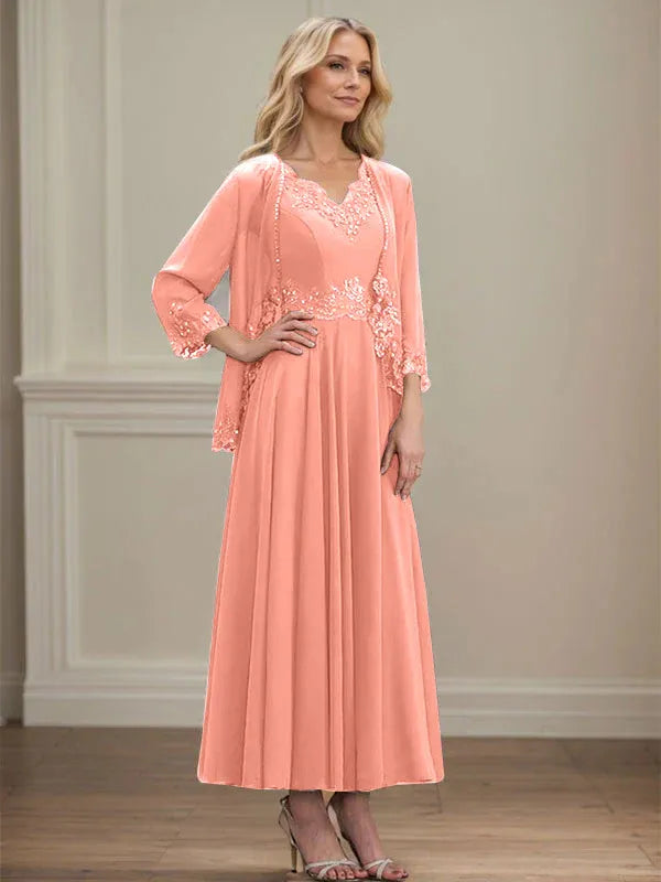 A-Line V-Neck Chiffon Mother of the Bride Dress with Sequins, Appliques, Lace, and Beading at Ankle Length