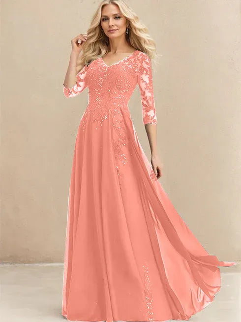 A-Line V-Neck Floor-Length Lace Chiffon Mother of the Bride Dress with Sequins