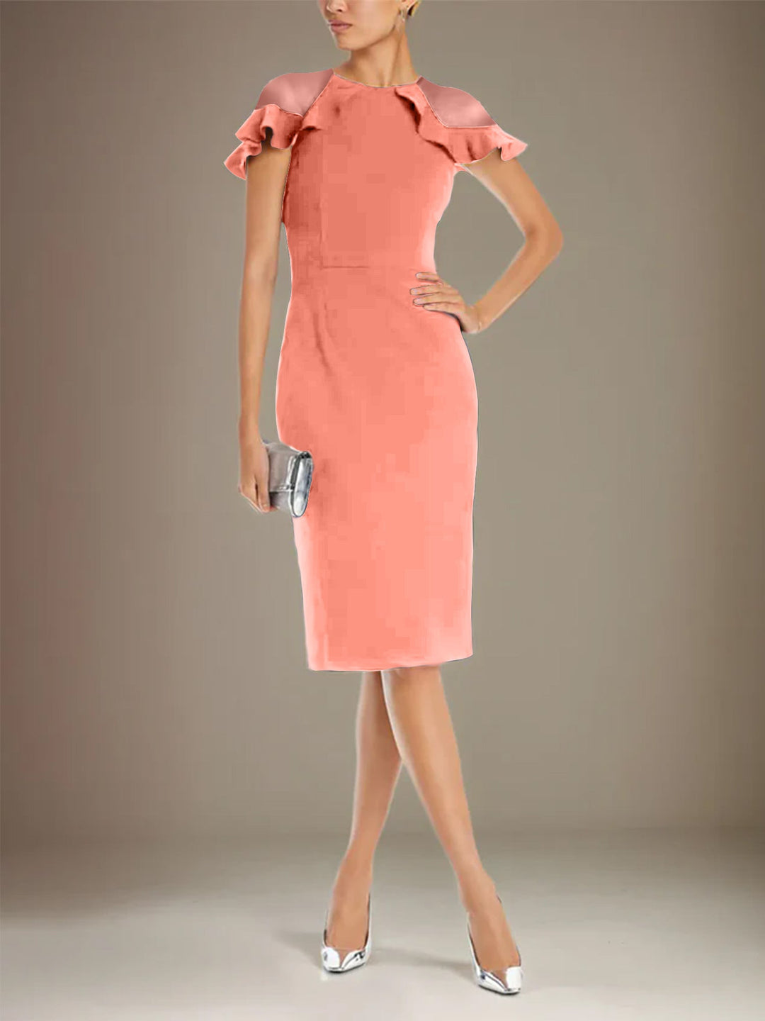 Sheath Dress with Column Stretch Crepe, Scoop Neck, Short Sleeves, Knee Length