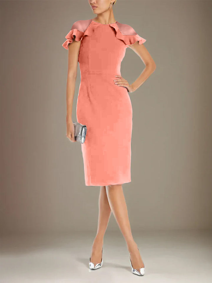 Sheath Dress with Column Stretch Crepe, Scoop Neck, Short Sleeves, Knee Length