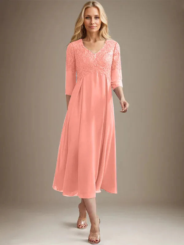 A-Line V-Neck Tea-Length Chiffon Lace Mother of the Bride Dress with Beading