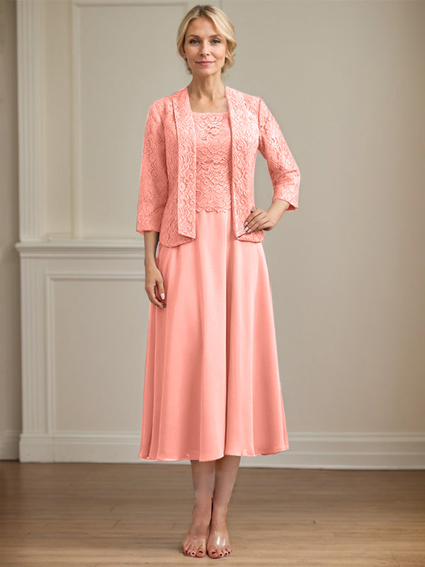 A-Line Scoop Neck Tea-Length Lace Chiffon Mother of the Bride Dress