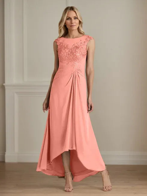 Champagne A-Line Lace and Chiffon Scoop Neck Dress