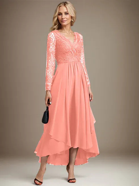 A-Line V-Neck Asymmetrical Lace Chiffon Mother of the Bride Dress