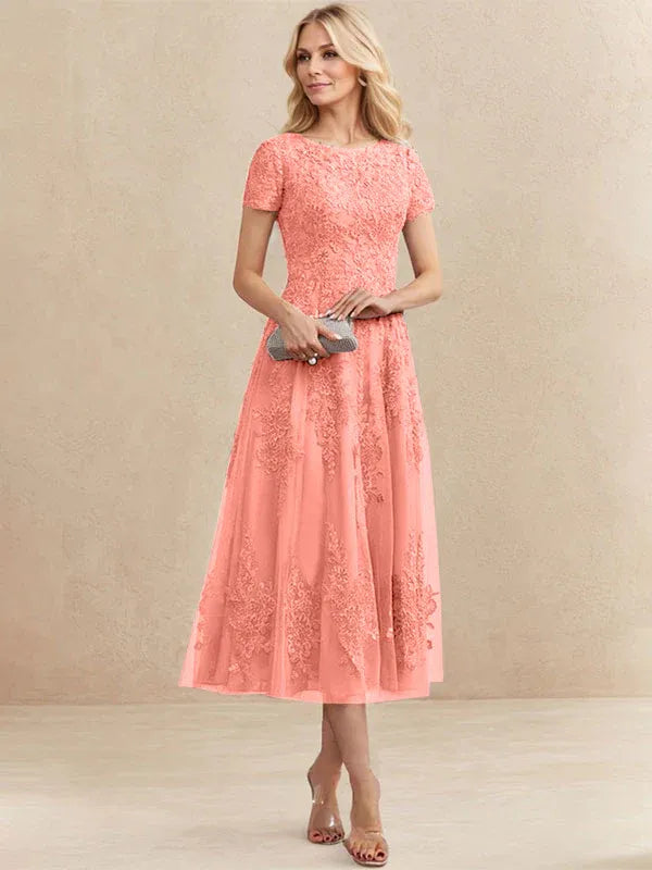 A-Line Scoop Neck Tea-Length Tulle Lace Mother of the Bride Dress