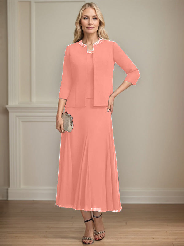 A-line Scoop Tea-Length Chiffon Mother of the Bride Dress with Sequins and Beading Separates