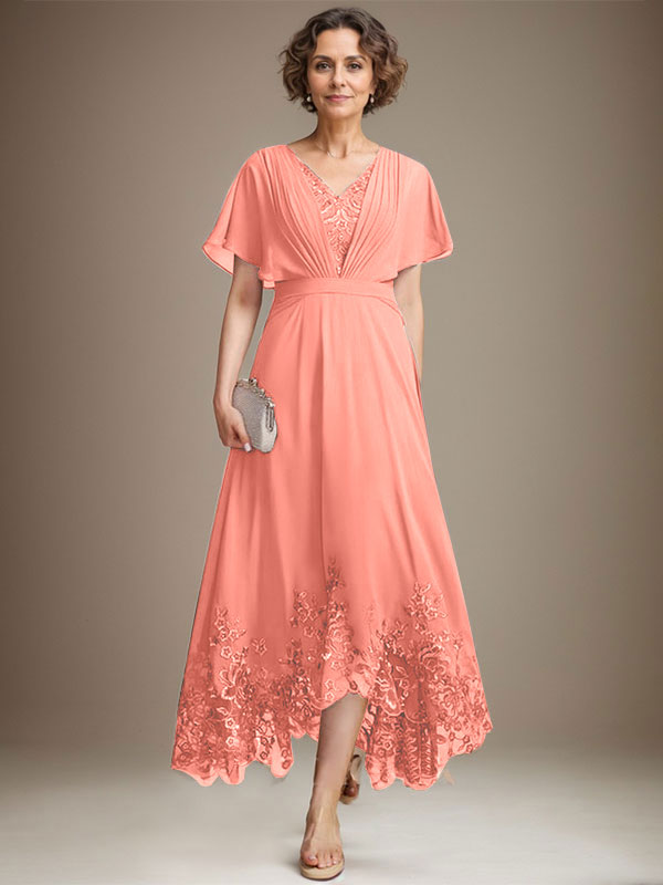 A-Line V-Neck Asymmetrical Lace Chiffon Mother of the Bride Dress with Pleats