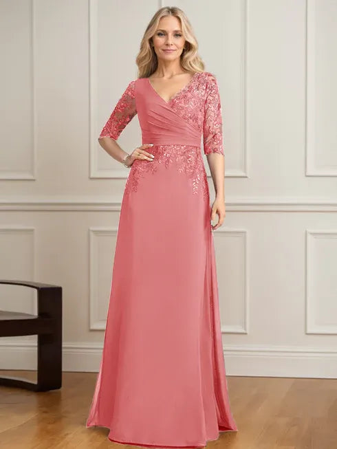 A-Line V-Neck Floor-Length Lace and Chiffon Mother of the Bride Dress with Pleated Sequins