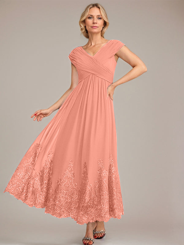 A-Line V-Neck Chiffon Mother of the Bride Dress with Appliqué and Sequins, Ankle-Length