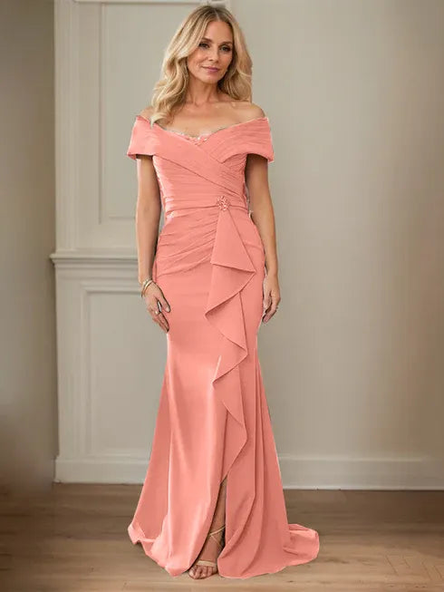 Floor-Length Lace and Chiffon Mother of the Bride Dress with Sheath/Column V-Neck Illusion and Pleated Sequins