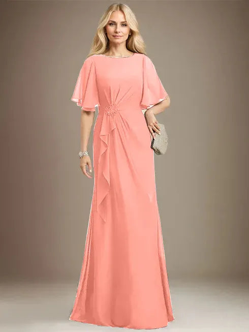 A-Line Scoop Floor-Length Chiffon Mother of the Bride Dress with Cascading Ruffles, Beading, and Sequins