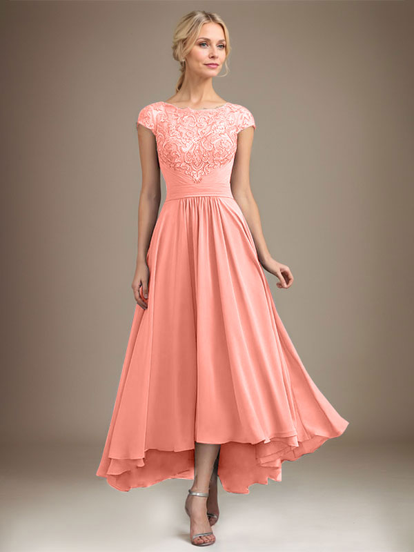A-Line Scoop Neck Illusion Asymmetrical Lace Chiffon Mother of the Bride Dress with Pleats