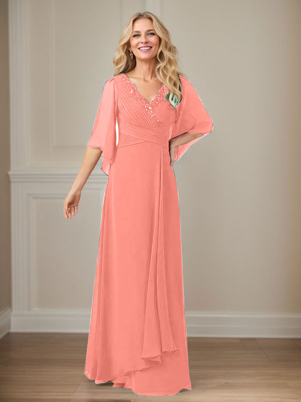 A-Line V-Neck Long Sequin Chiffon Mother of the Bride Dress