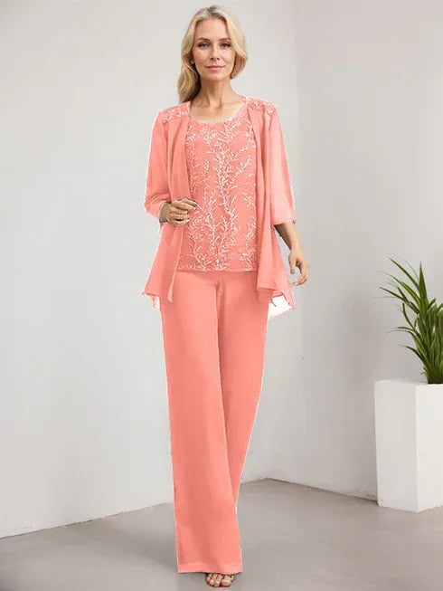 Floor-Length Lace Chiffon Mother of the Bride Jumpsuit/Pantsuit with Scoop Neck and Sequins