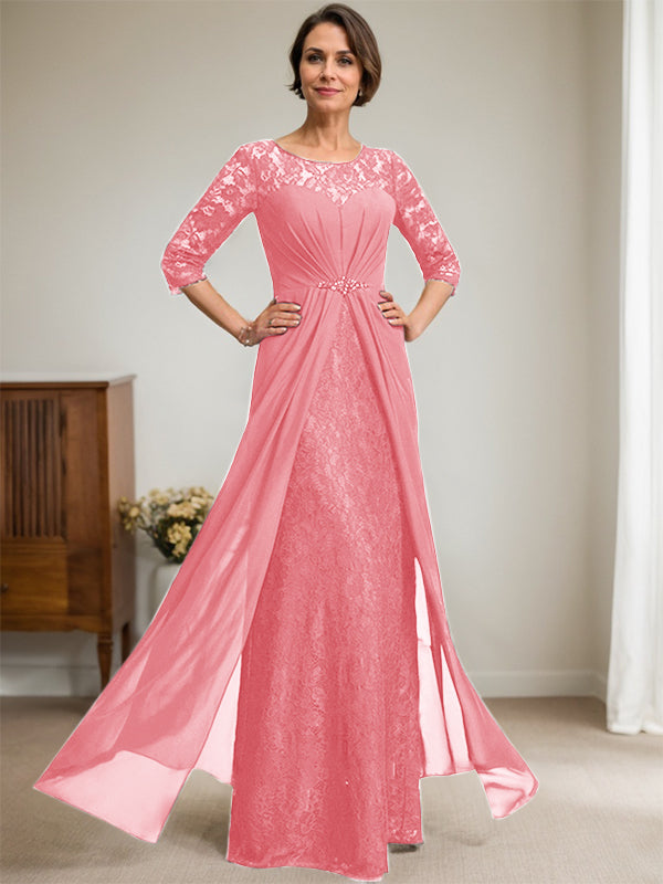 A-Line Scoop Neck Illusion Floor-Length Lace Chiffon Mother of the Bride Dress with Beaded Ruffles