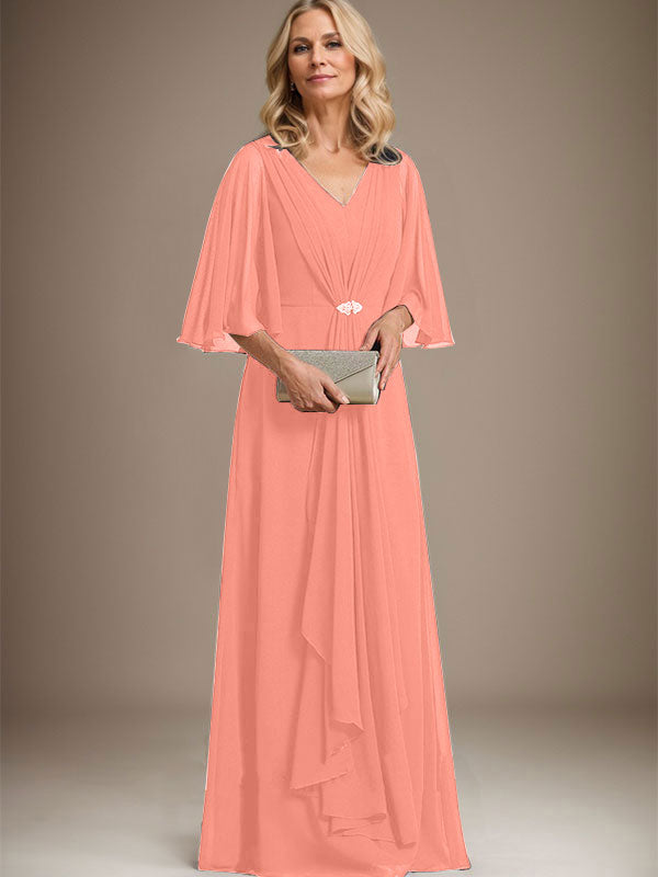 A-Line V-Neck Floor-Length Chiffon Mother of the Bride Dress with Cascading Ruffles and Crystal Brooch